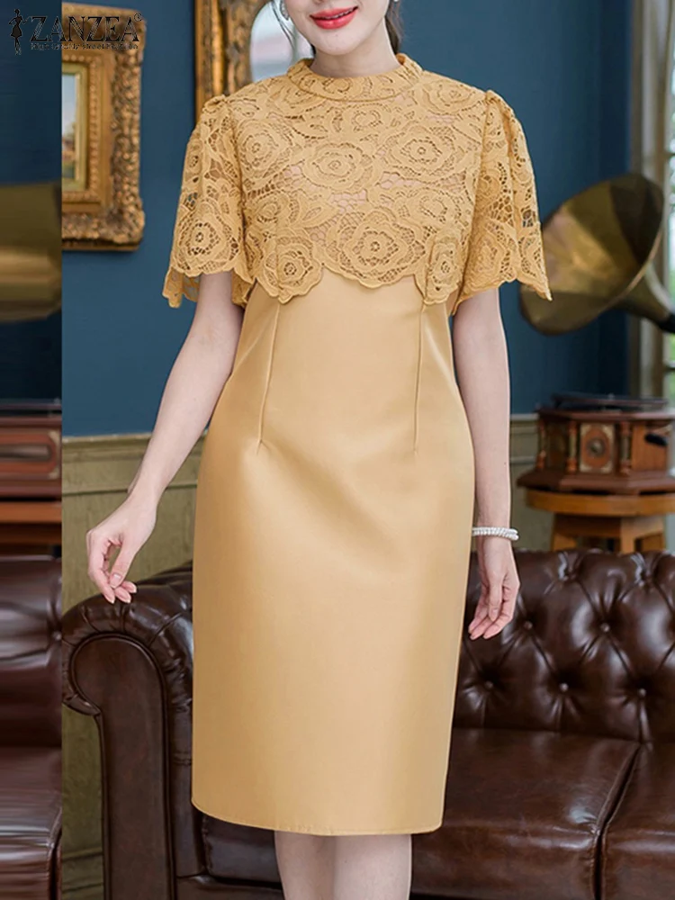 2026 ZANZEA Summer Lace Patchwork Sundress Women Elegant Party Work Dress Fashion O Neck Short Sleeve Satin Midi Vestidos Robe