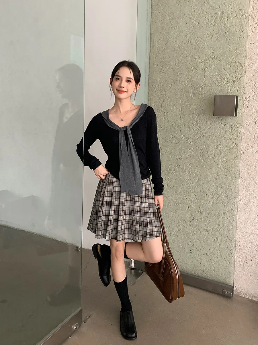 Jupe plissée rétro à carreaux, jupe mi-longue à taille semi-élastique, jupe courte de tempérament pour femmes, jupe moelleuse, jupe de princesse