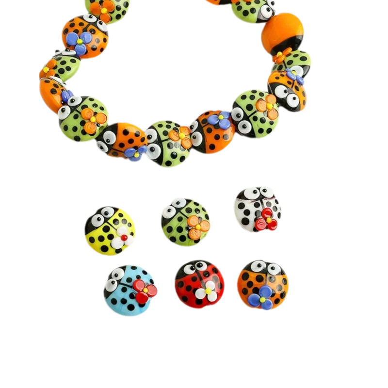 5pcs 13x13mm Cute Ladybug Glass Beads Handmade Lampwork Flower Ladybird Bead For Jewelry Making Charm Pendant  Accessories