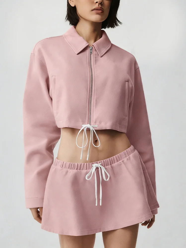 Women's Casual Suit Breathable Stand Up Collar Zipper Jacket Top Drooping Relaxed Waist Drawstring Short Skirt Sportswear image 3