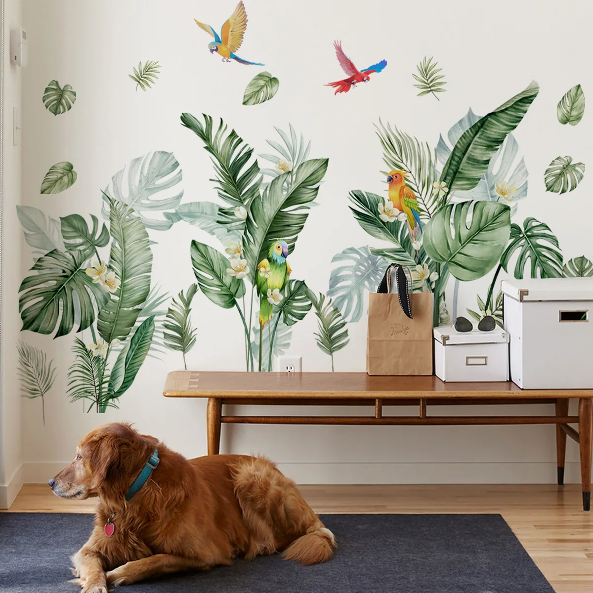 Tropical Green Leaves Plant Bird Living Room Bedroom Wall Decorative Wall Stickers Turtle Back Leaf Sticker Home Decor Art Mural