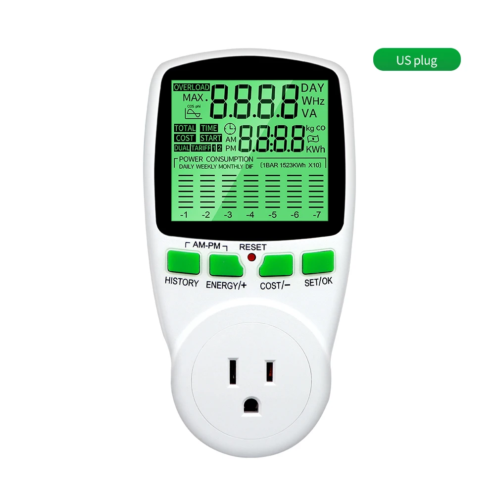 Digitaler Spannungs-Wattmeter, US/UK/EU-Steckdose, Energiezähler, Leistungsmesser für Wattzahl, kWh-Leistungsmesser mit Hintergrundbeleuchtung – Detail 12