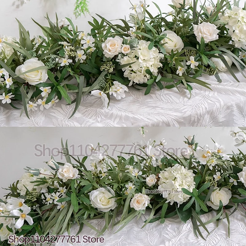 أبيض أخضر معلق زهرة صف الطابق الأزهار DIY بها بنفسك الزفاف مرحلة الديكور الزهور الاصطناعية قوس الورد الخضرة ديكور المنزل الطرف #2