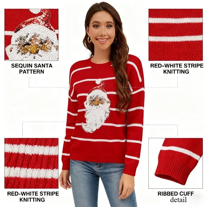 

Women's Striped Christmas Sweater with Sequin Santa Claus Pattern Long Sleeve Knitted Pullover for Festive Holiday Outfits