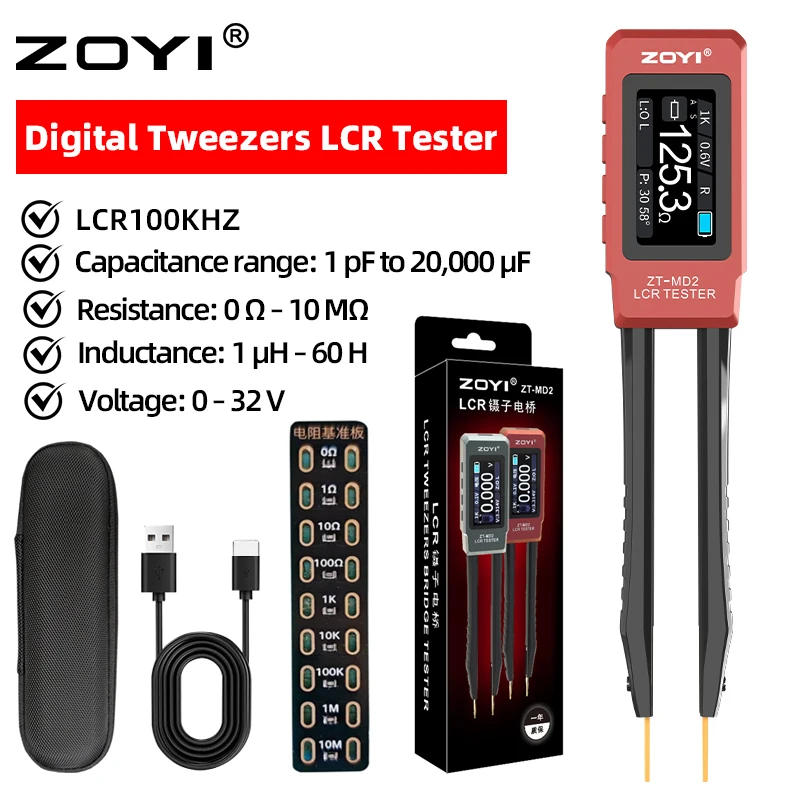 ZOYI ZT-MD2 High-precision Digital Bridge Tweezers for Capacitance, Resistance, Inductance, and Voltage Measurement with Adjusta