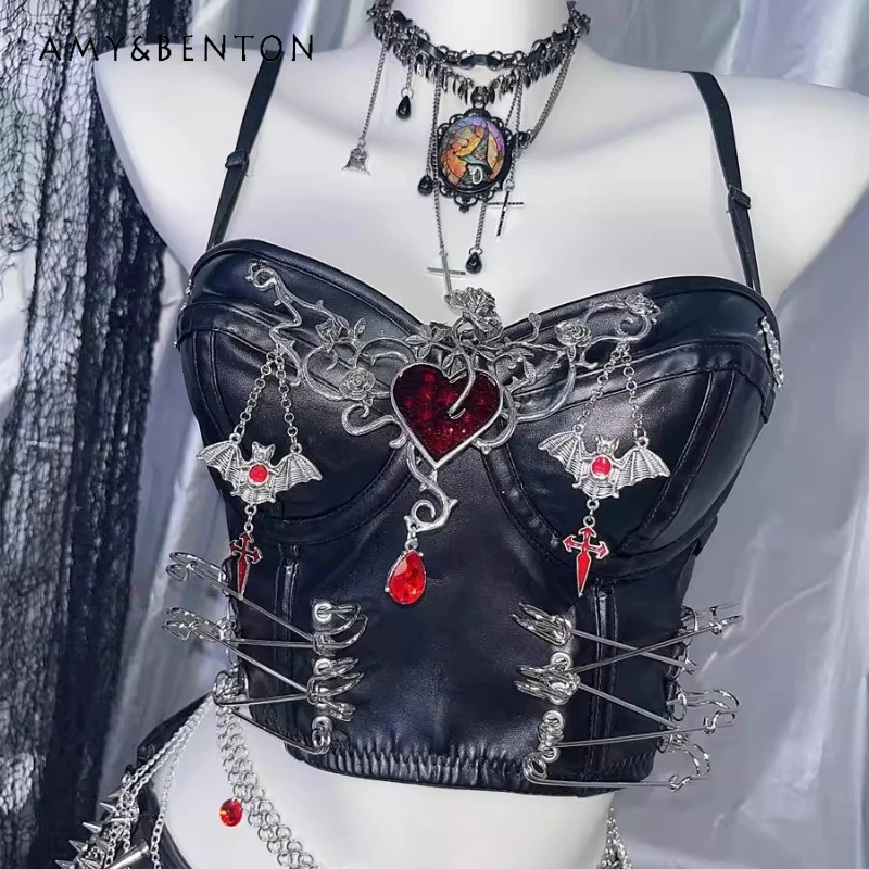 

Original Design Black Y2K Hot Girl Dark PU Leather Women's Vest European American Sexy Punk Goth Pin Decorative Sling Ladies