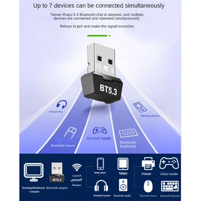 RTL5.3 Bluetooth-адаптер без драйверов Компьютер USB Беспроводной Bluetooth-приемник Передатчик Bluetooth Аудиогарнитура Прочный
