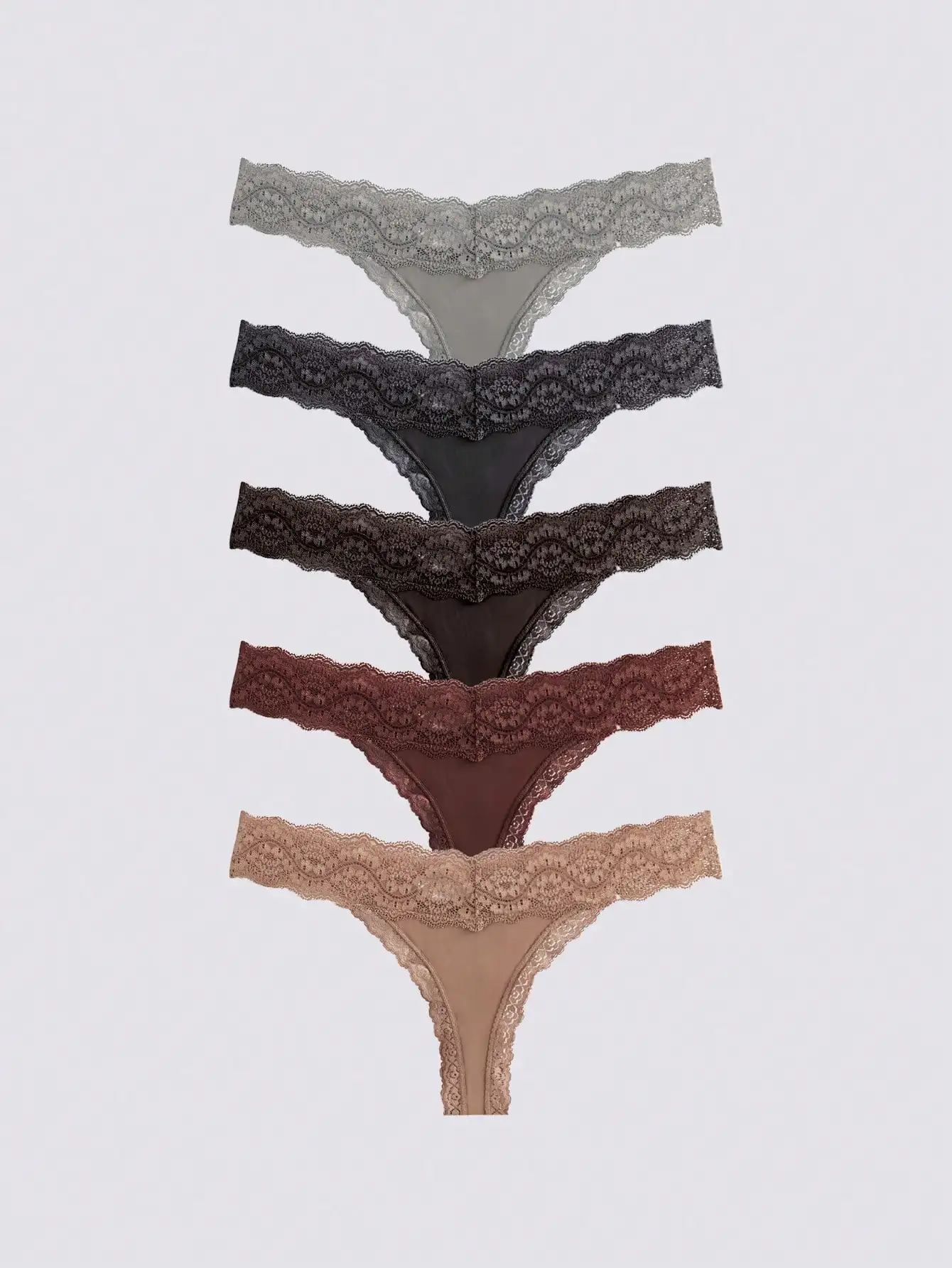 

5-Pack Women's Lace Trim Low Waist Thong Panties in Neutral Tones