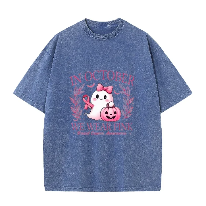 In October We Wear Pink Breast Cancer Awareness T-shirt Cute Ghost Pumpkin Vintage Washed Tee