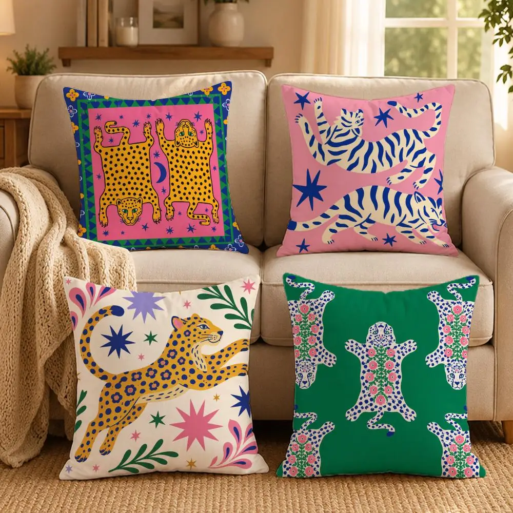 Minimal Boho Sun Leopard Palm Tree Cushion Cover Double-Sided Printed Pillow Cover Hypoallergenic Dust-Mite Proof