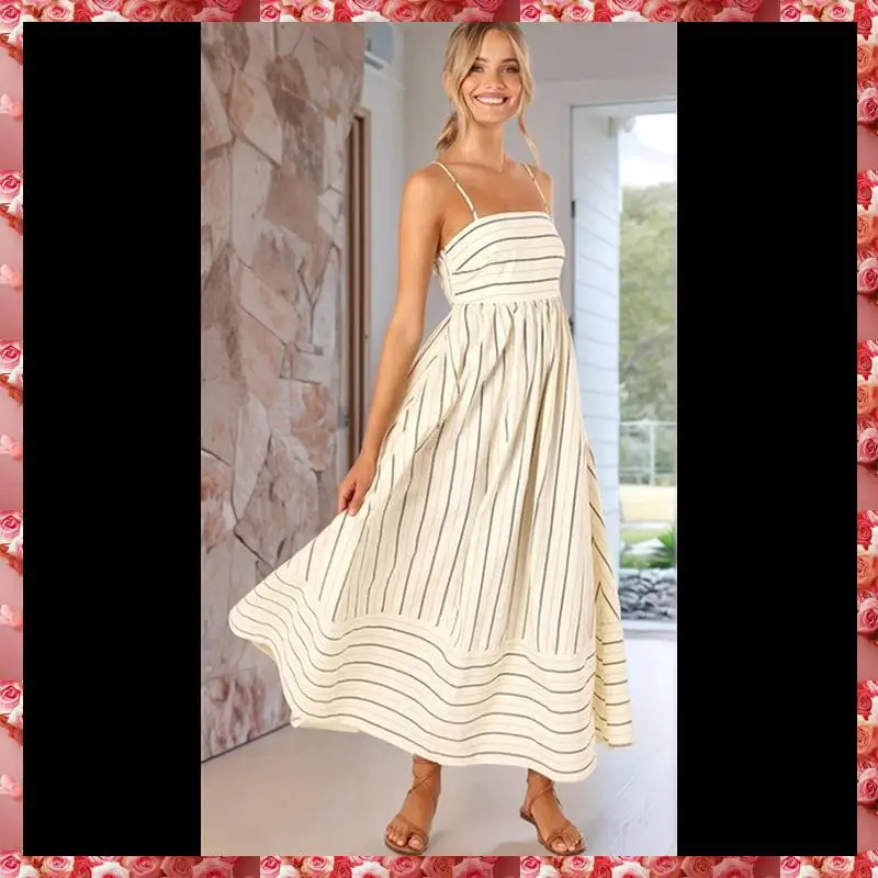 Women's Striped Back Smocked Maxi Dress Spaghetti Strap Cut Out Flowy Swing Long Dress