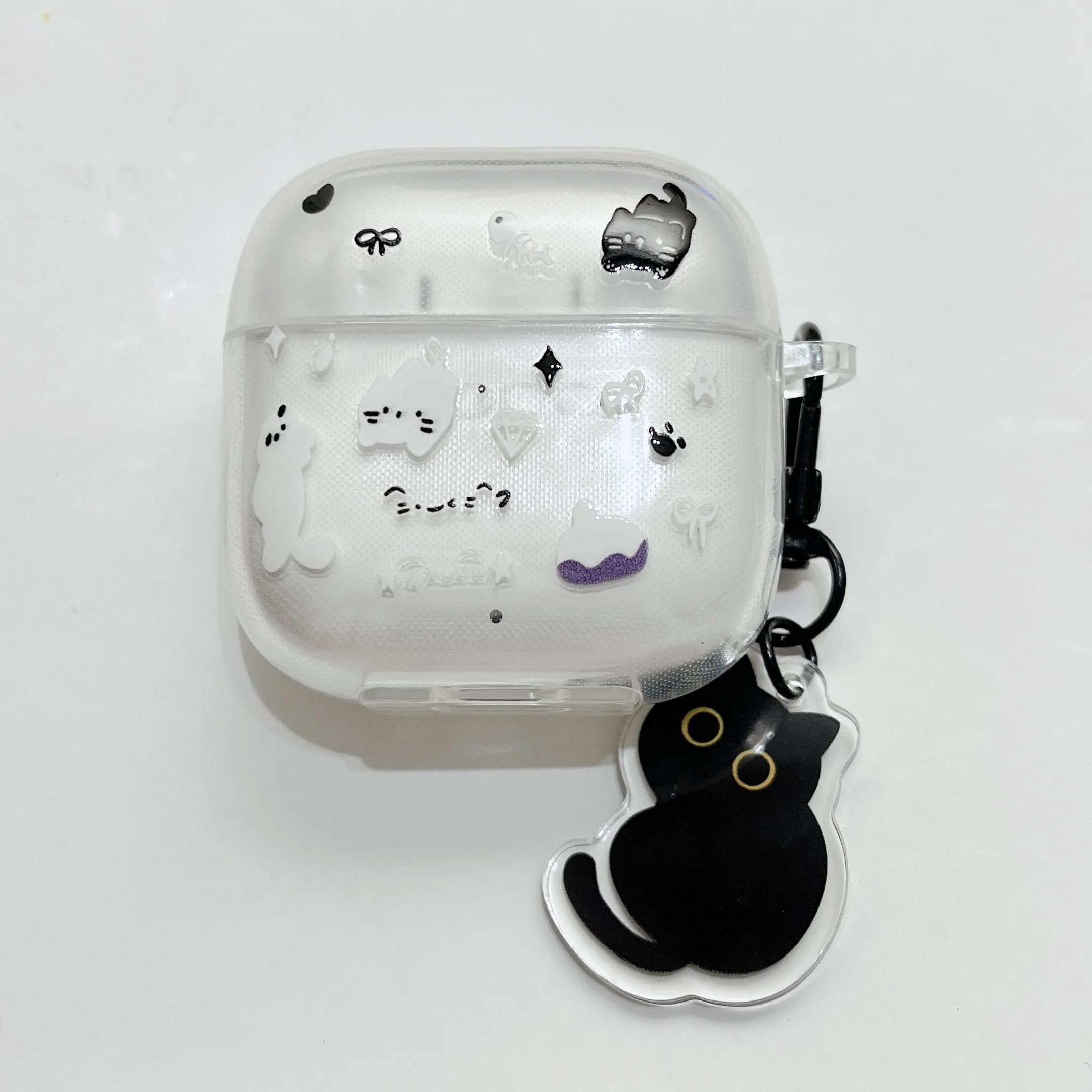 Transparent Cartoon Cat Case for Honor EarBuds X7 X8 X9 Protective Cover with Cute Black Cat Pendant Keychain case