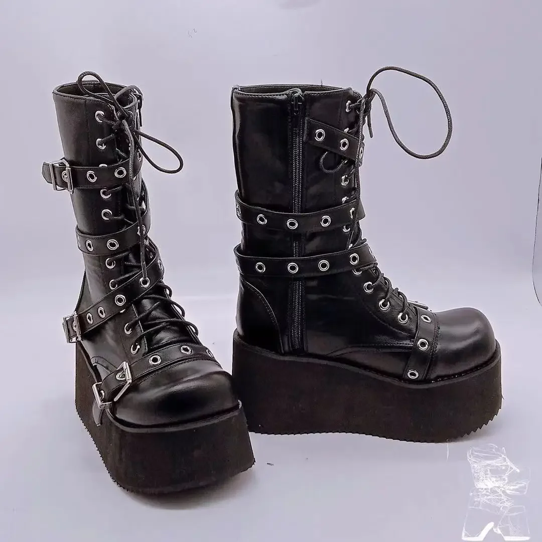Plus Size 43 Jesienne buty damskie Klamra Okrągłe palce Kliny Platforma Buty Punk Goth INS Damskie buty uliczne Buty bojowe dla kobiet — zdjęcie 7