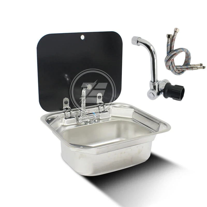 RV Sink Caravan Stainless Steel Hand Wash Basin Sink with Folded Faucet Tempered Glass Lid Washbasin Boat Camper Trailer