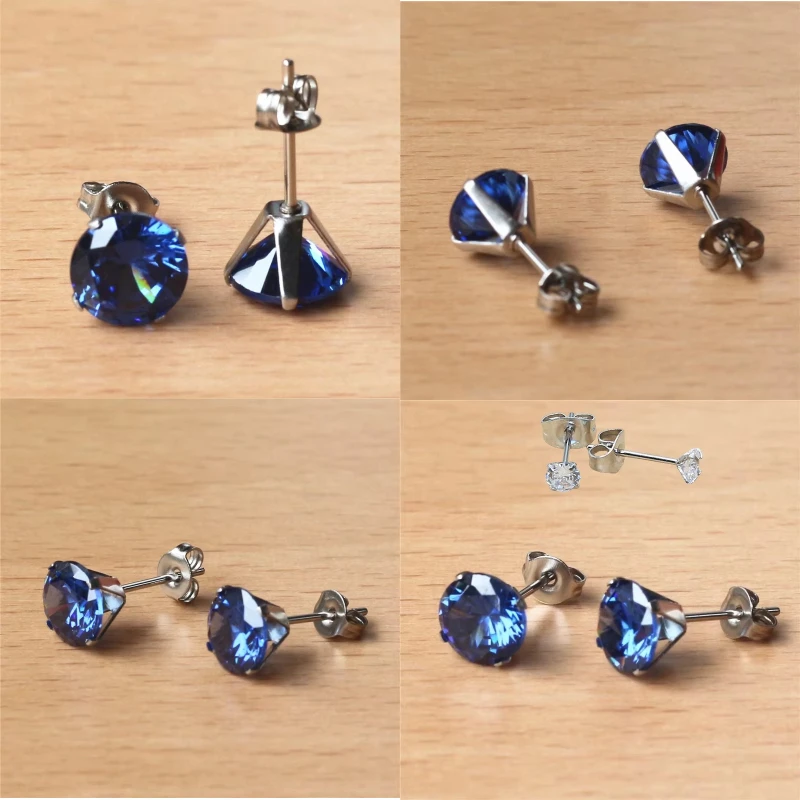 3mm Tanzania Blue Zircon Round Stud Earrings 316L Stainless Steel IP Planting No Fade Allergy