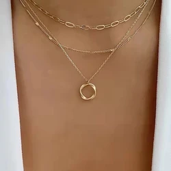 Vintage Gold Color Multilayer Chains Necklace for Women Fashion Luxury Hollow Round Pendant Chokers Jewelry Collares Para Mujer