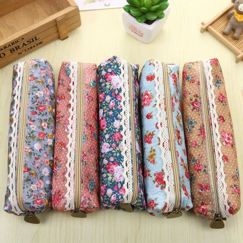 Fresh Canvas Retro Style Lace Fringe Little Flower Dot Multi-function Zipper Pencil Bag Student Gift Stationery Storage Bag 1 Pc