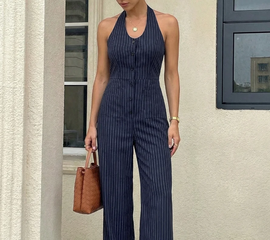 Jumpsuit Women 2026 Spring Summer New Striped Hanging Neck Backless Pocket Design Sleeveless Casual Wide Leg Jumpsuit