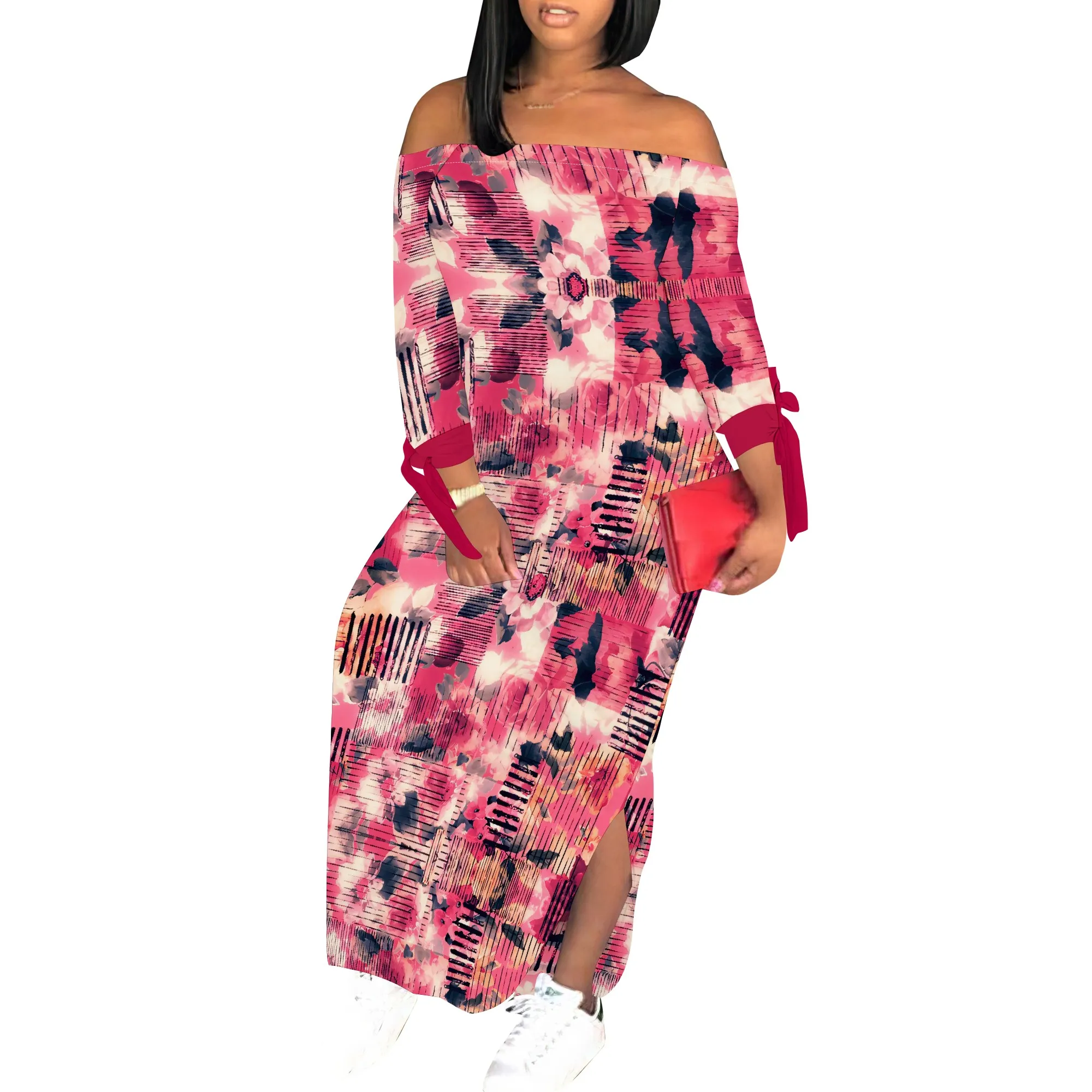 女性用 花柄 オフショルダー マキシドレス 3/4 スリーブ マルチカラー ブルー スリット パーティー イブニング