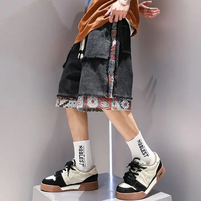 Ethnic Style Color Matching Denim Shorts Men's Summer New Retro Loose Five-point Pants