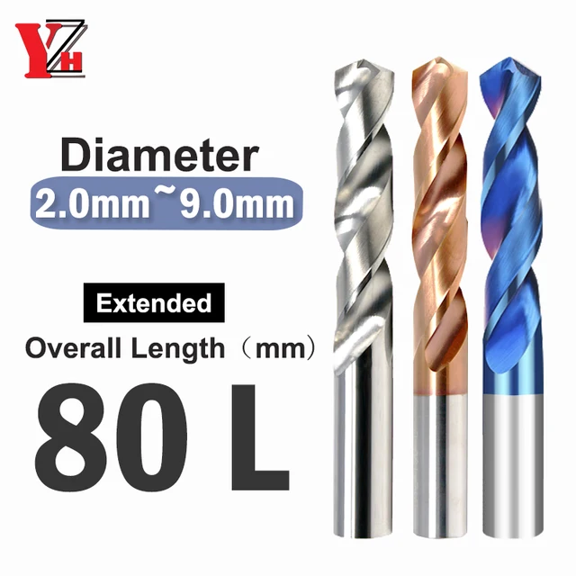 Wiertło kręte YZH 80L, średnica 2~9mm, długość całkowita 80L, HRC50/55/65, CNC, prosta rękojeść, do wiercenia otworów w metalu.