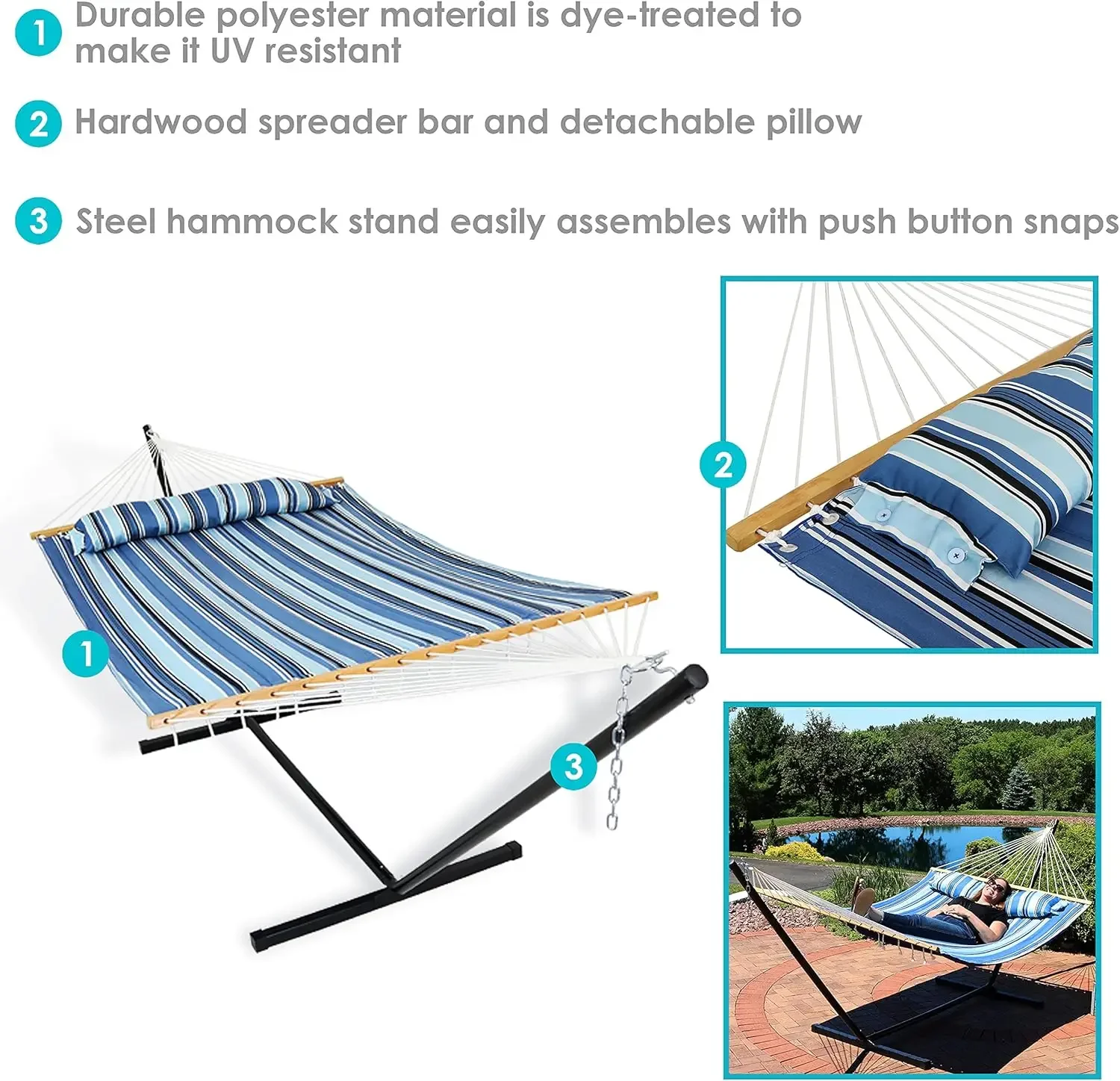 Double Quilted Fabric Hammock with 12-Foot Stand and Pillow - 350-Pound Capacity - Black Stand - Misty Beach