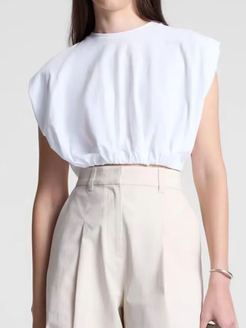 

Women 100% Cotton T-Shirt Solid Color Round Neck Sleeveless Elastic Waist Casual Female Tee Tops