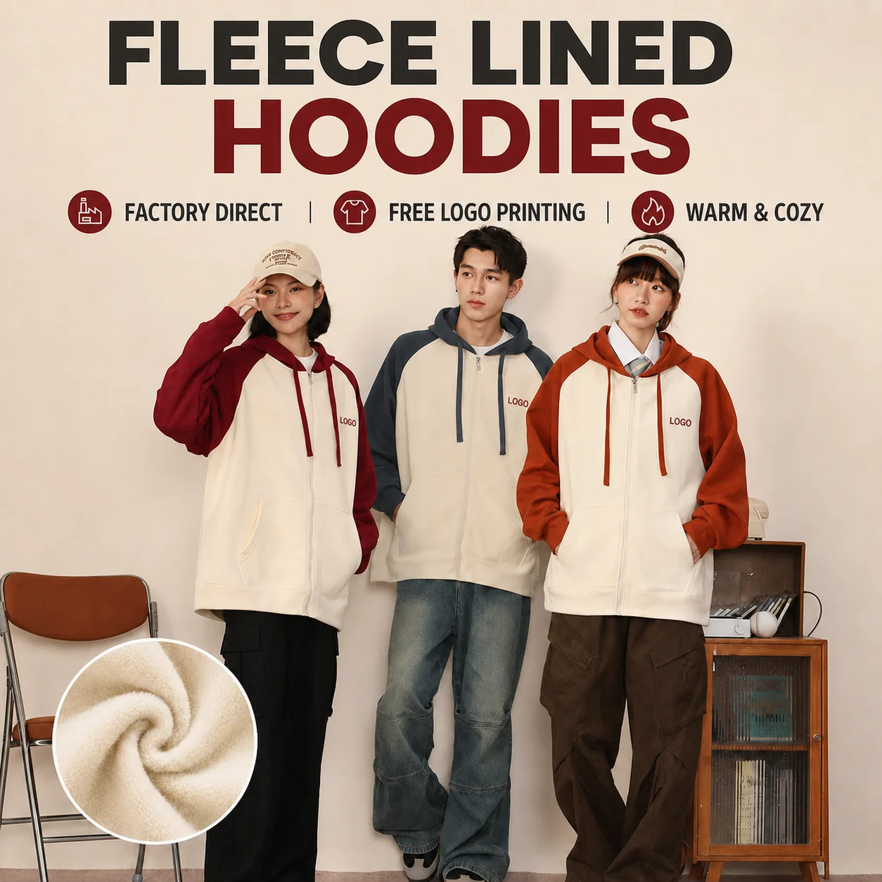 Custom Logo Color-Block Fleece-Lined Zip-Up Hoodie for Fall/Winter Corporate Team Workwear, Long-Sleeve Jacket
