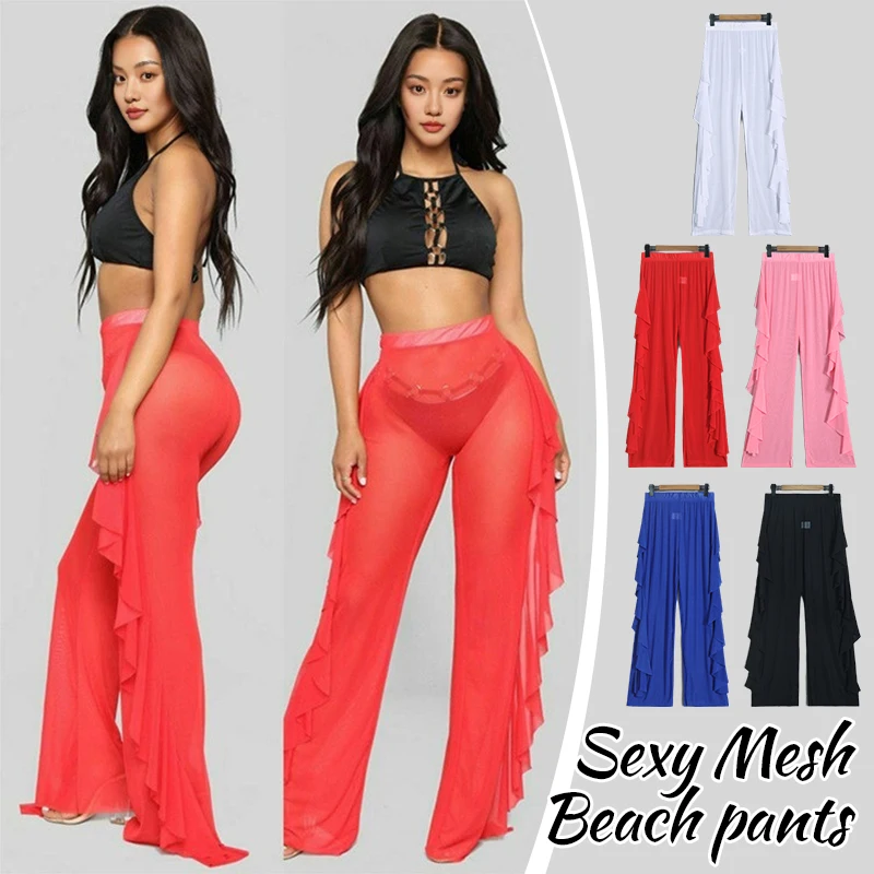 Lady Ruffles Beach Pants Lotus Leaf Edge Casual Sexy Mesh Perspective Pants Summer Thin See Through Beach Vacation Pants
