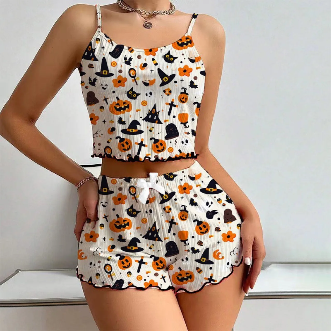 

Halloween Women's Pajamas Set Printed Sleeveless Suspender Tops Shorts Sleepwear 2 Piece Suits Hot Girls Sexy Nightwear Lounge