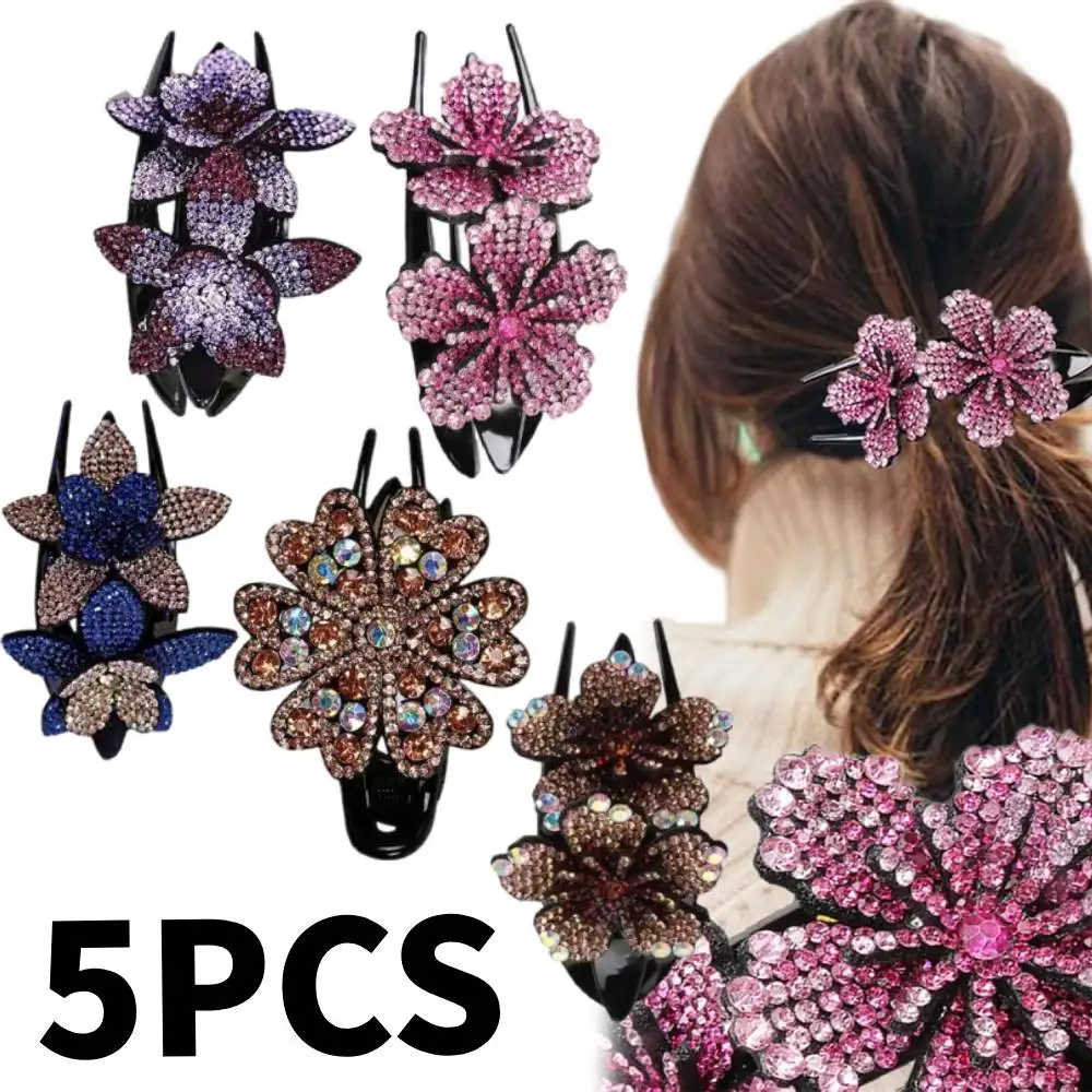 

[5PCS] Vintage Rhinestone Flower Hair Clips, Sparkling Faux Crystal Hair Clips, Fashionable Hair Accessories for Women