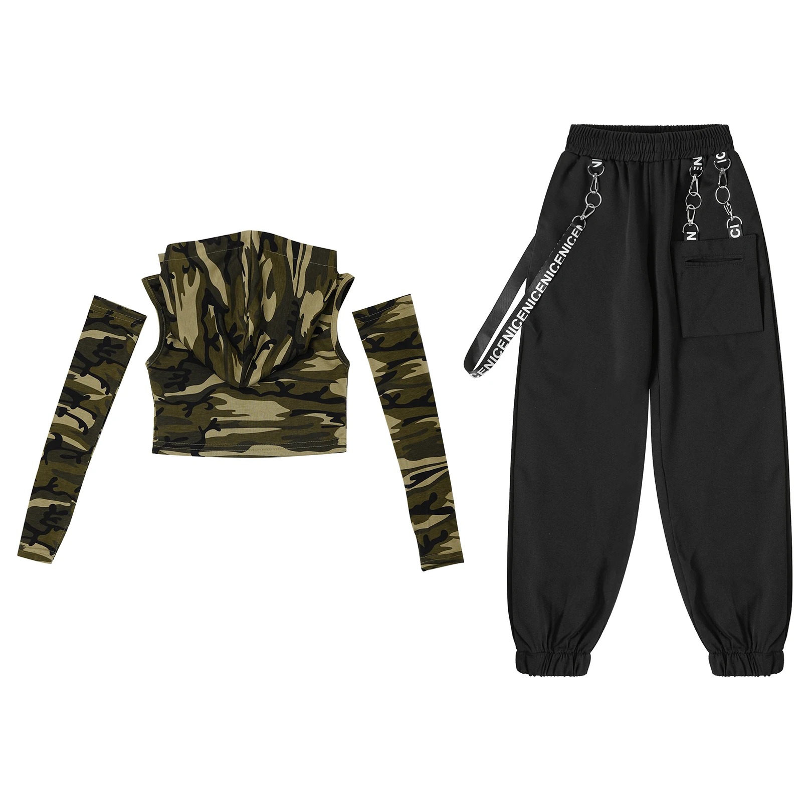 Kids Girls 2 Pcs Jazz Dance Costume Outfit Sleeveless Camouflage Printed Hooded Crop Top with Gloves And Pants Performance Set