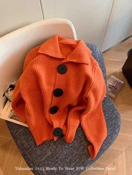 Harajuku Korean Knitted Cardigans Peter Pan Collar Orange Sweater Long Sleeve Outerwear Office Lady Clubwear Hiphop New Design