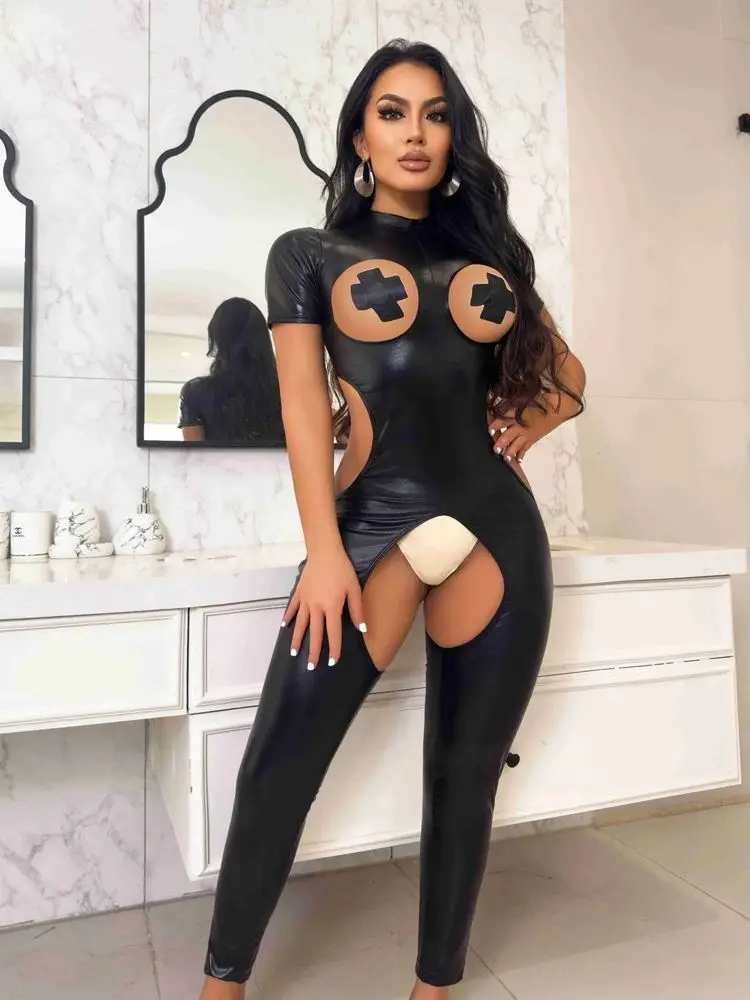 Hollow Out Bust Short Sleeve Faux PU Leather Catsuit Crotchless Open Crotch Bodysuit Tights Sexy Clubwear Leotard Unitard Body