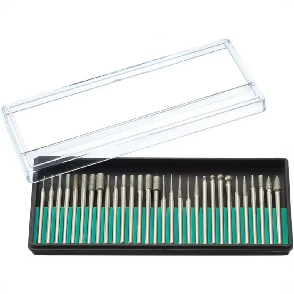 30Pcs Set Mata Bor Berlian 3/2.35mm Shank, Jarum Gerinda Berlian, Perkakas Tangan untuk Mengukir, Memoles, dan Mengamplas Kaca Keramik