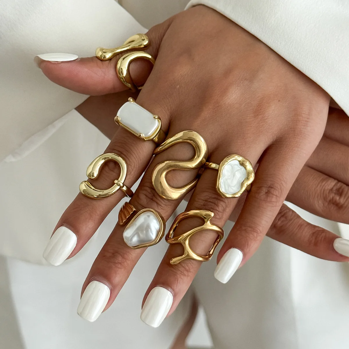 Premium Liquid Alloy Vintage Baroque Pearl Knuckle Ring Stackable Set  Adjustable Hand Jewelry for Women