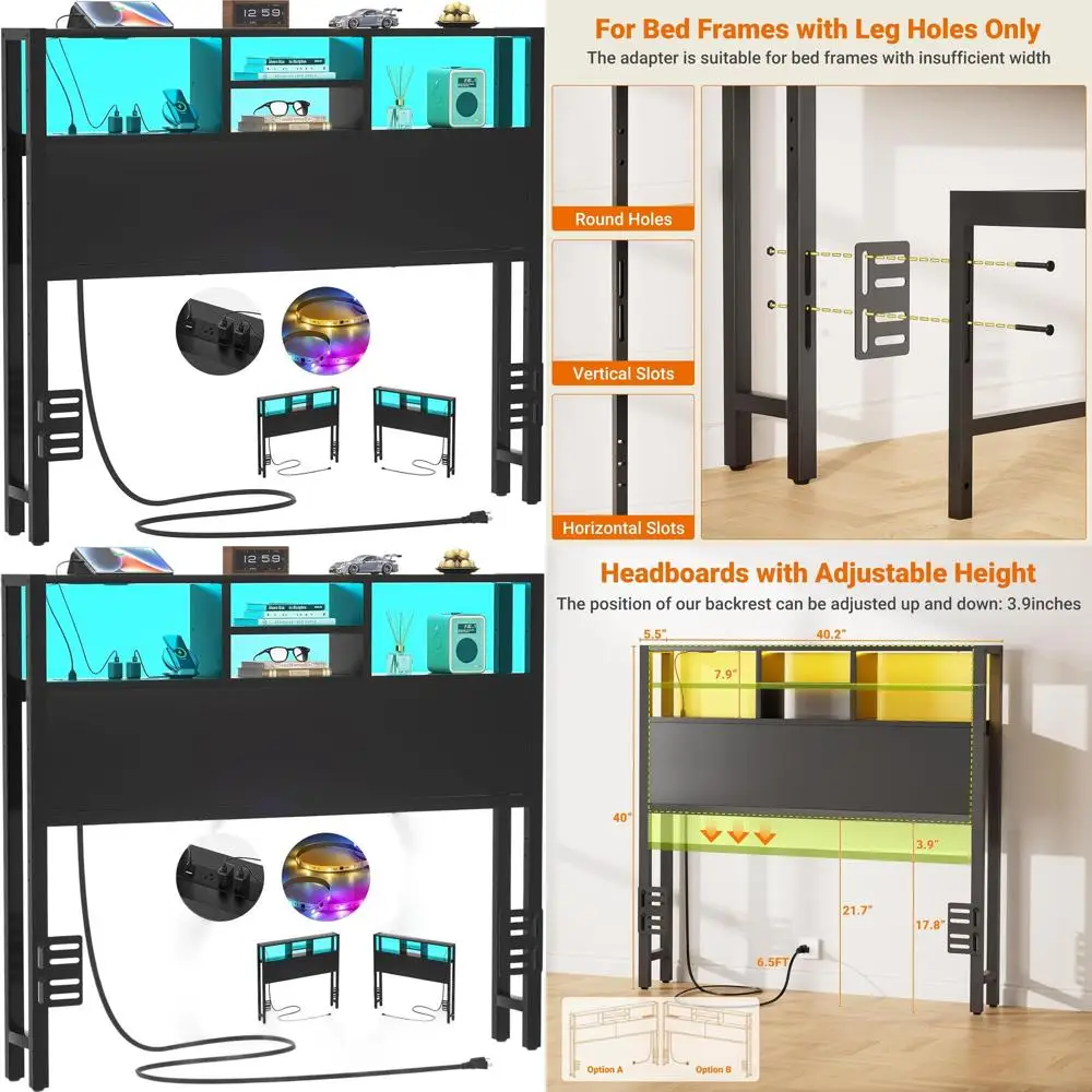 Twin Size Bed with Storage, Outlets, USB Ports, LED Light, Height Adjustable, Reversible, Sturdy Black