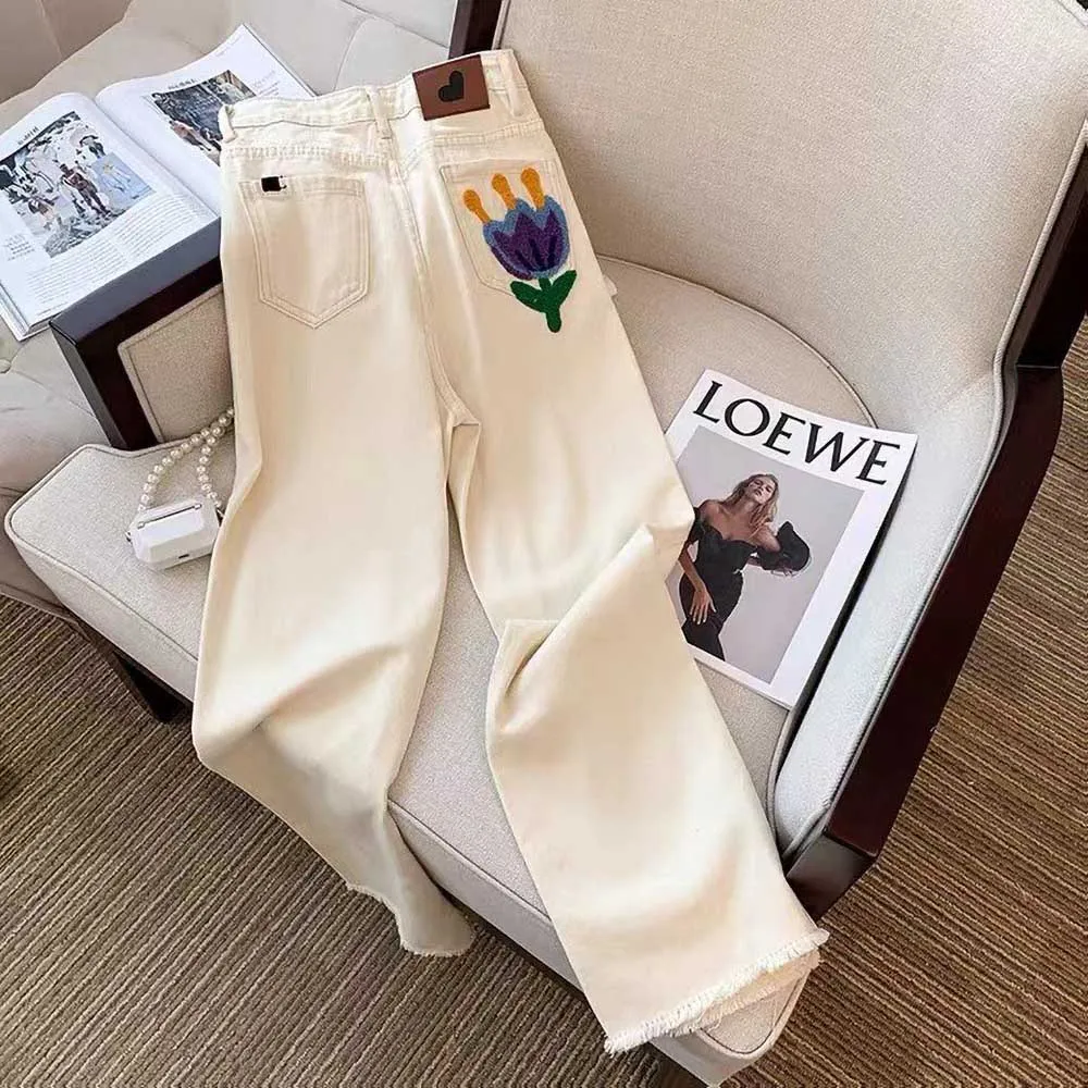 

Fashion Embroidered Jeans for Women 2023 Autumn New High Waist Straight Wide Leg Pants Casual Vintage Denim Trousers