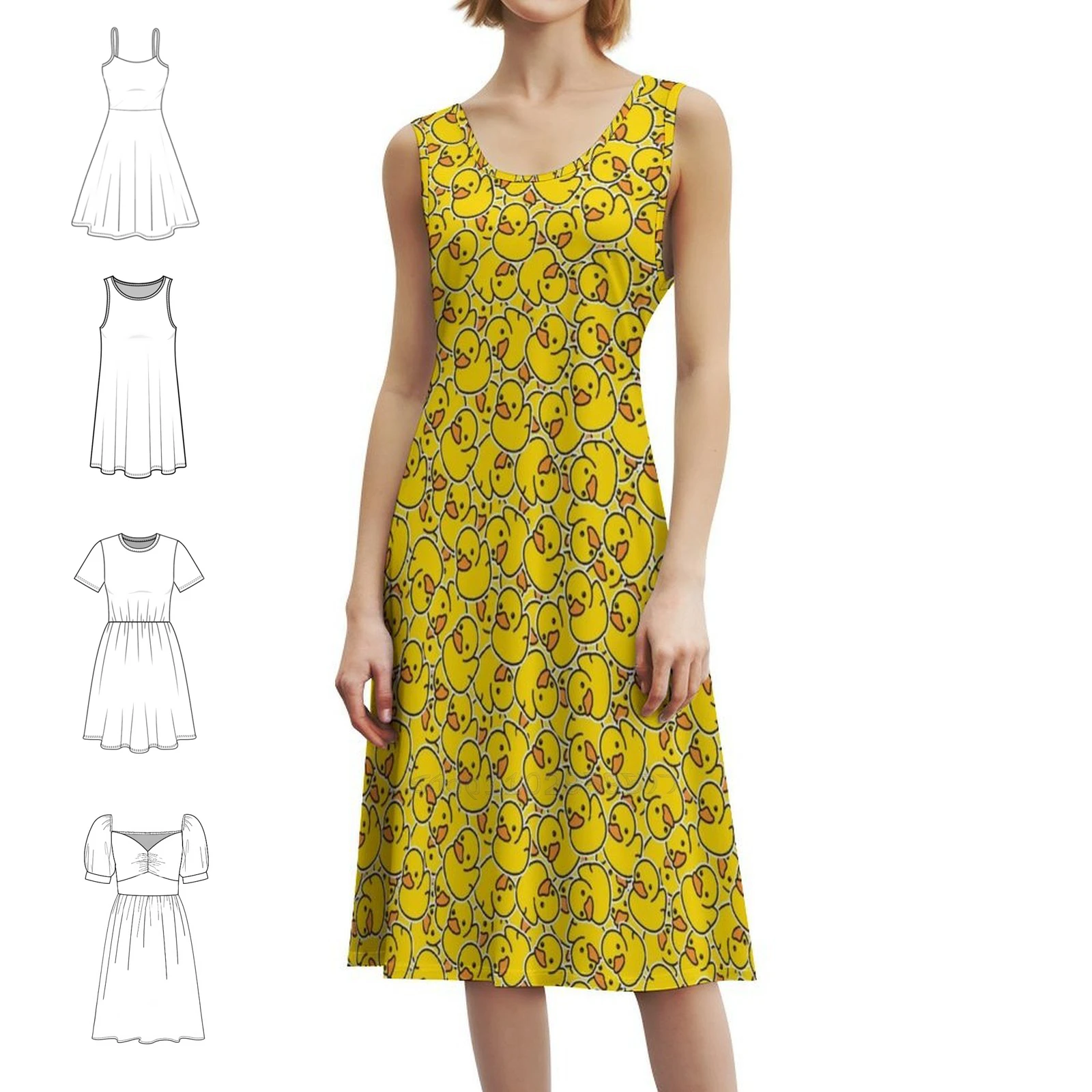 فستان قصير أصفر كلاسيكي على شكل بطة مطاطية على طراز Preppy للنساء على شكل حرف a فضفاض مناسب فستان يوم غير رسمي بطة مطاطية مطاطية لطيفة #1