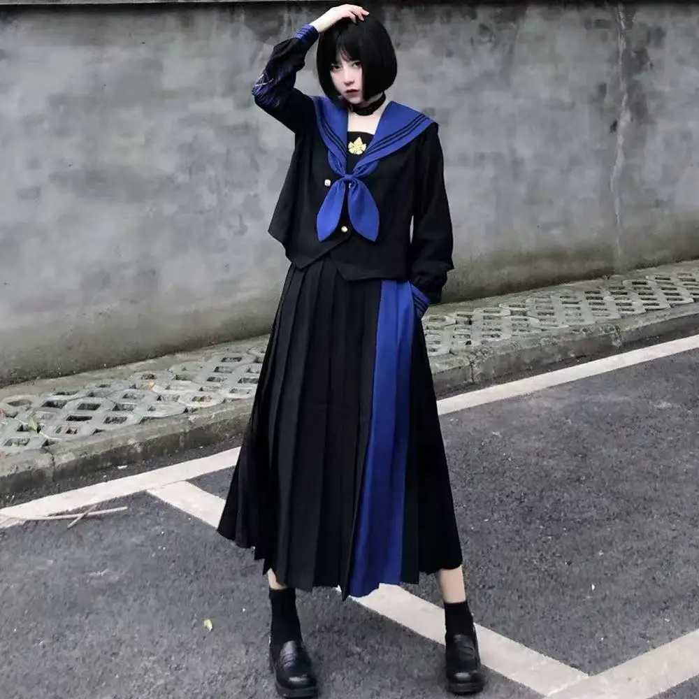 

Trendy Stylish JK Uniform Dark Black Poor Girls Cosplay Costume Niche Embroidery Long Shirt Skirt Set Halloween Y2K Sailor Suit