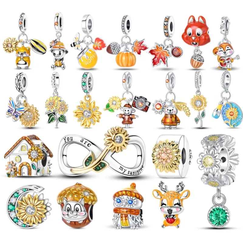 New 925 Sterling Silver Autumn Golden Charms Maple Leaf Squirrel Pumpkin Deer Beads Fit 3mm Original Bracelet DIY Jewelry Gifts