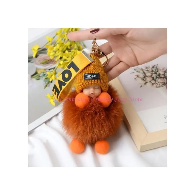 85AE Plush Keychain Sleeping Baby Handbag Charm Decorations Pendant Soft Keyring Clip for Backpacks Phones Kids Gift