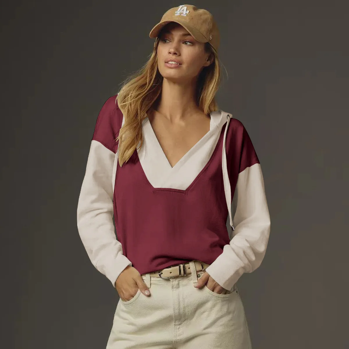 Herfst Winter V-Ne Hoodie Kleur Blo Dames Los Casual Lang Sve Trendy Top Katoen Wolmix Stof Normaal Dun