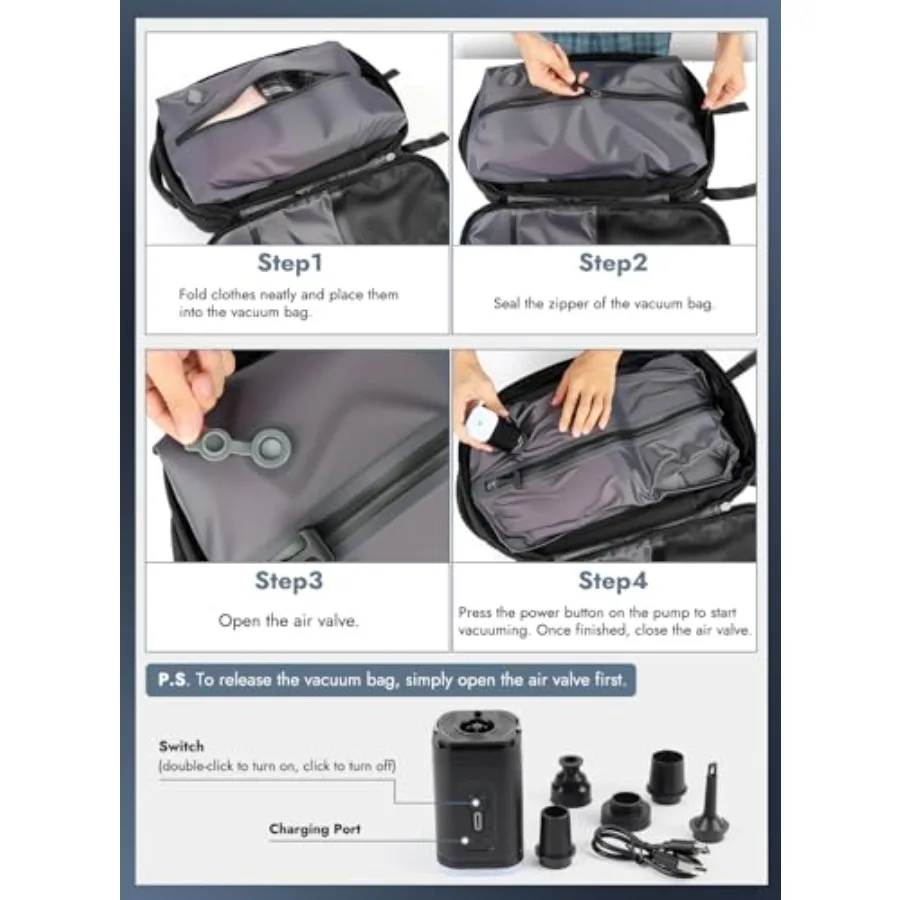 حقيبة ظهر مفرغة للسفر مع مضخة TSA حقيبة ظهر مختومة مفرغة صديقة للبيئة مقاس 21 بوصة × 13 بوصة × 6 بوصة حقيبة ضغط لعروة السفر في الطيران