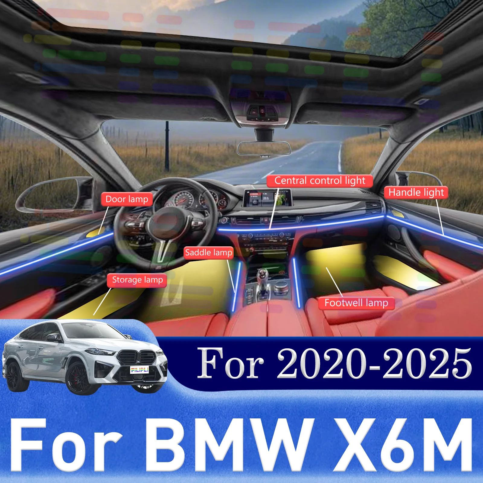 

Для BMW X6M F86 F87 приходит комфорт послеоперационных водителей со скрытыми светодиодными ремнями для внутреннего интерьера автомобиля 64 расслабляющих цвета