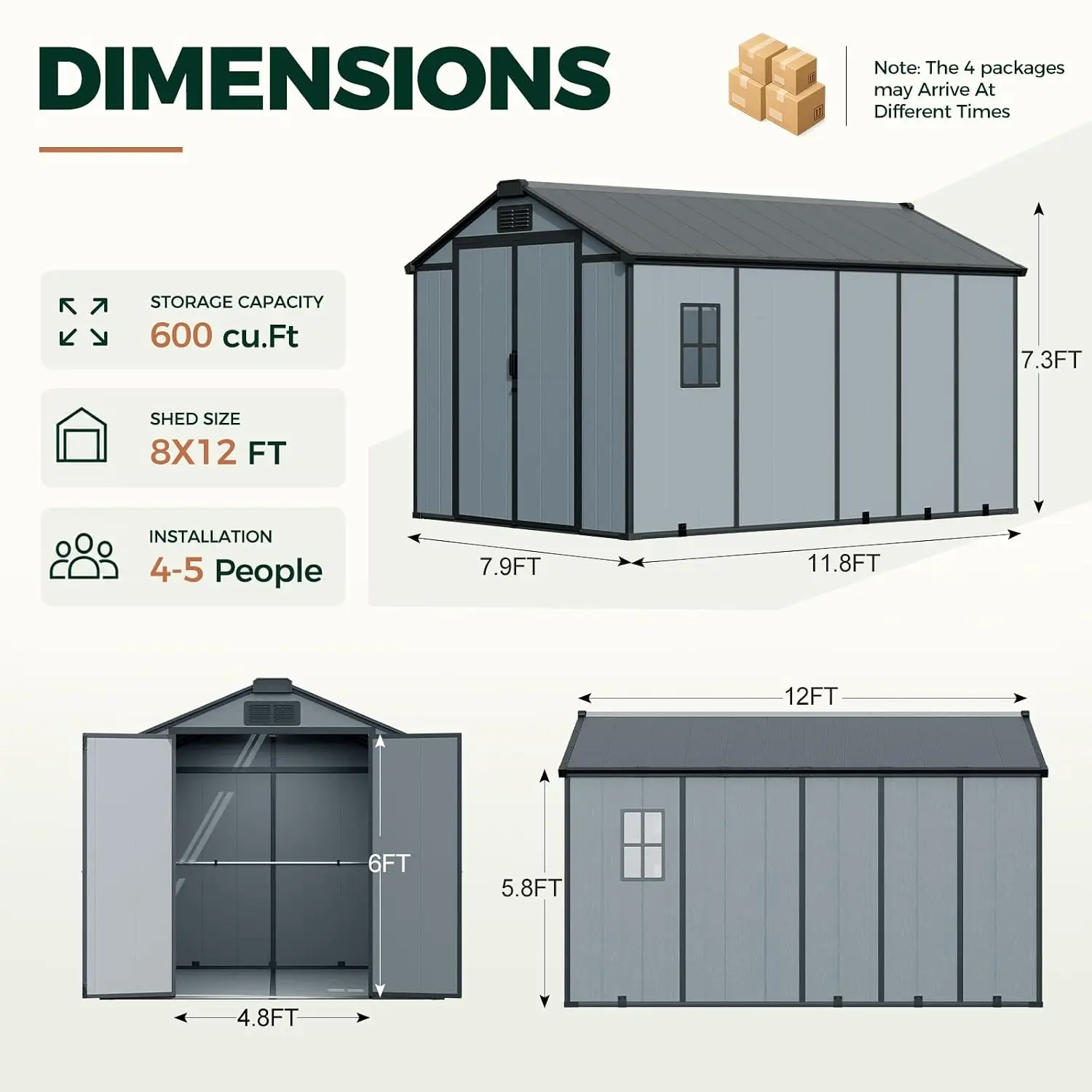 8x12 FT Outdoor Resin Storage Shed with Skylight Roof 57