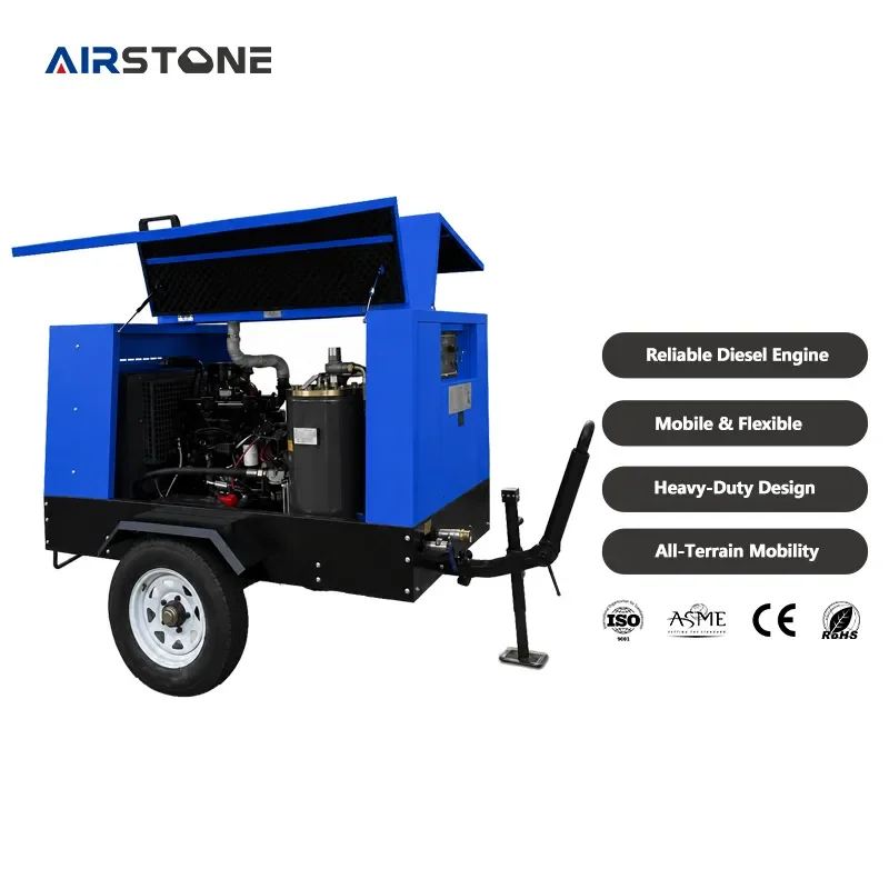 for Industrial Towed Diesel Mobile Compressor 185CFM 10Bar Fixed Portable Screw Air Cooled Motor for Mining Drilling