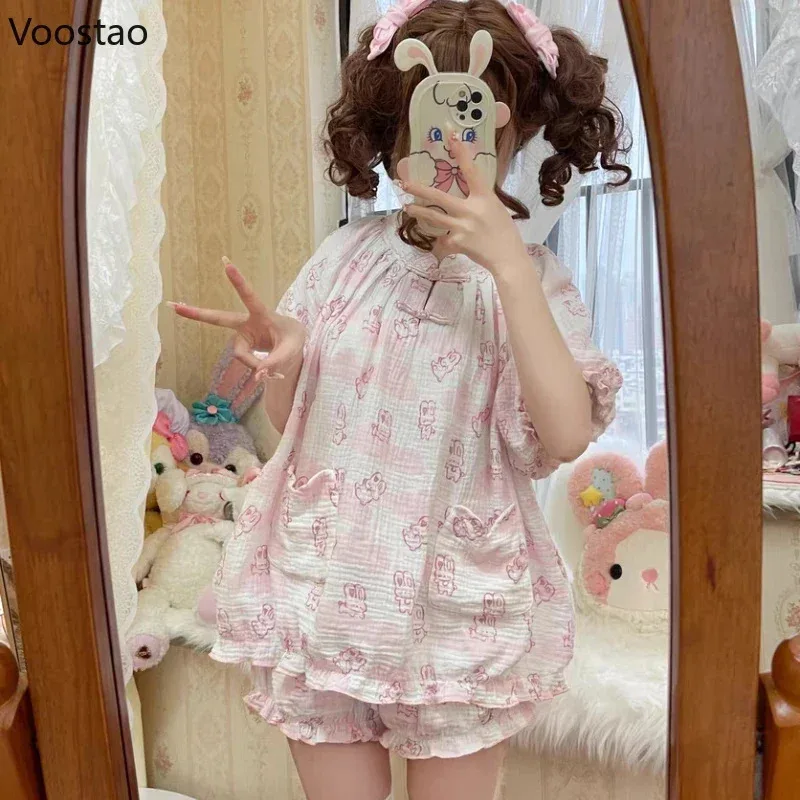Kawaii Lolita Style Bunny Print Pajamas Set Girly Cute Short Sleeve Tops Shorts Suit Women Casual Princess Homewear Pijam UN8000