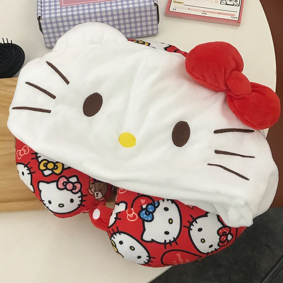 Sanrio Kawaii Hello Kitty U-shaped Neck Pillow With Hat Travel Pillow Hooded Blackout Office Car Japanese Style Gifts