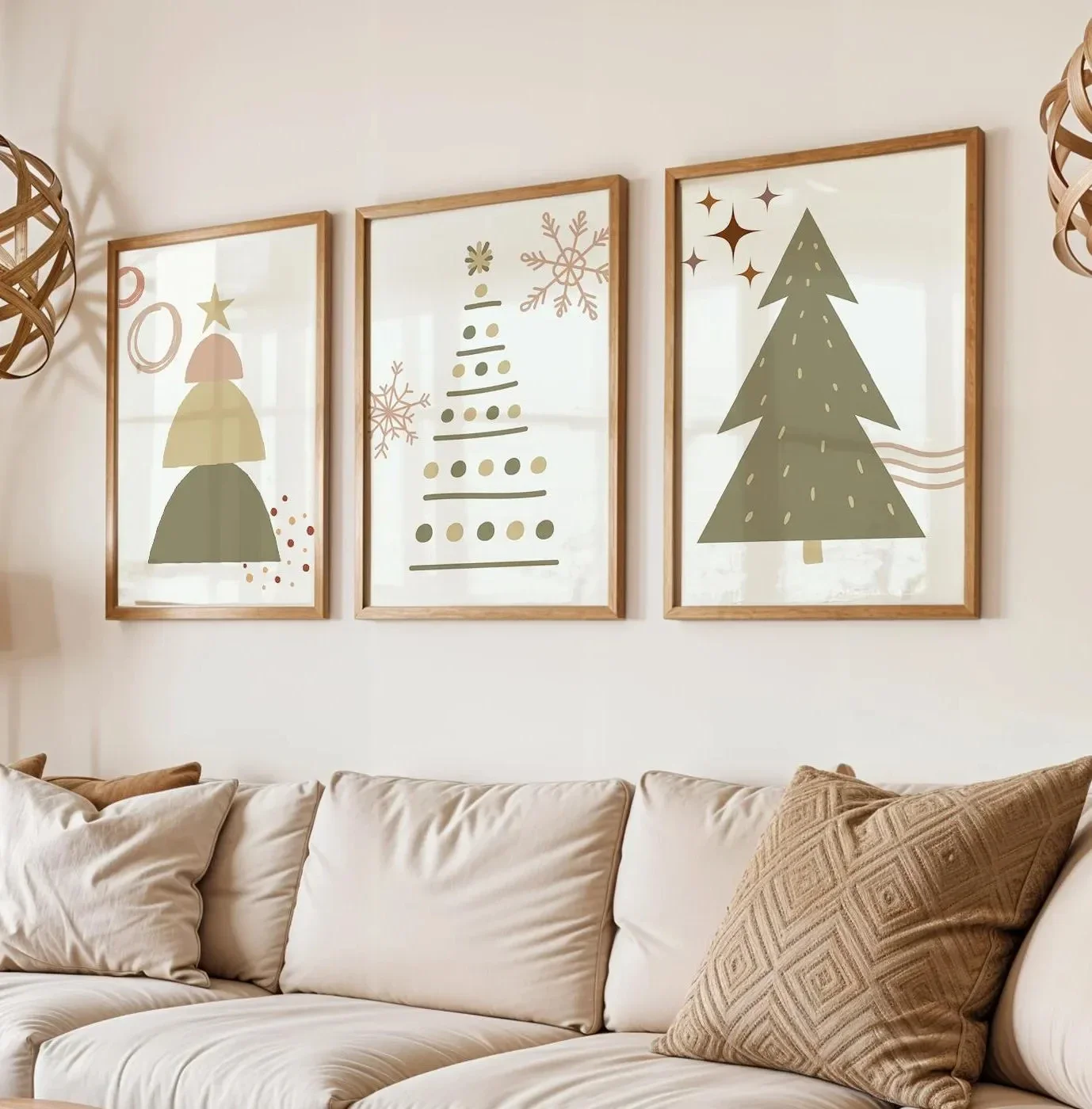 3pcs frameless Canvas Painting 3Pcs Boho Christmas Wall Decor, Abstract Geometric Christmas Tree Print, Snowflake Poster, Minima
